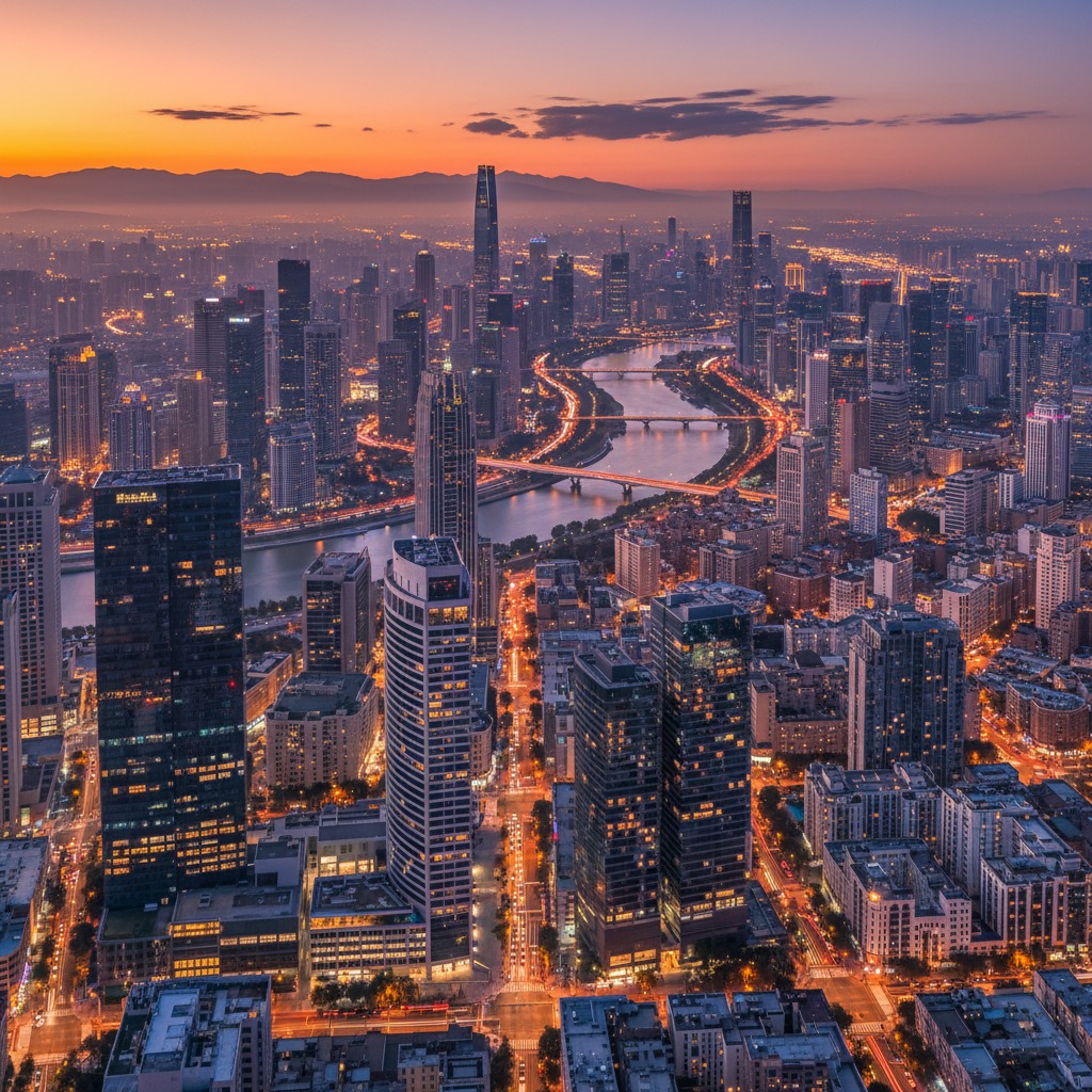 A high-angle view of a sprawling city skyline at sunset with a winding river reflecting the golden light.