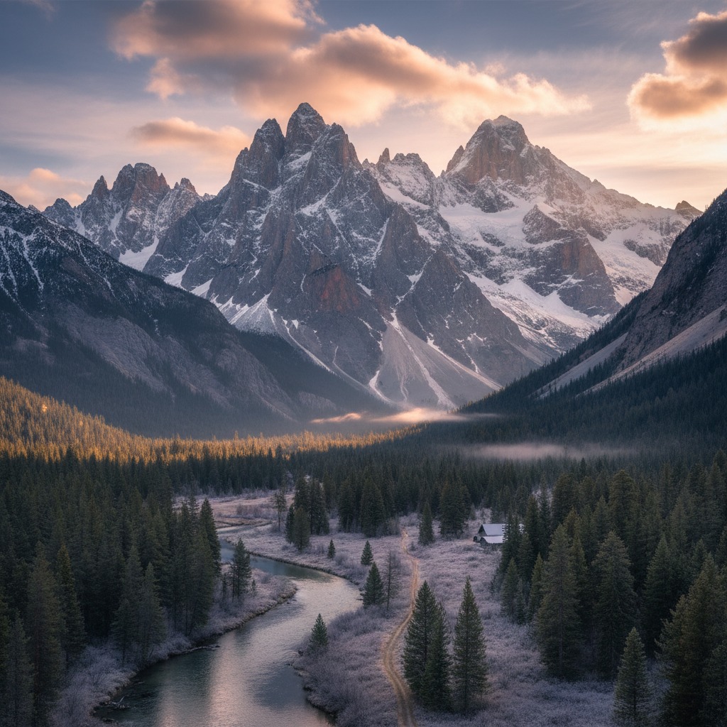 A winding river flows through a frost-covered pine forest toward snow-capped mountain peaks under a soft, golden sunset sky.